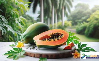 Ripe papaya cut in half, showcasing its vibrant orange flesh and black seeds, symbolizing its benefits for digestion and immunity. Perfect for healthy eating and nutrition